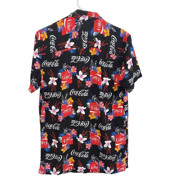 Coca-Cola Hawaiian Button-Up Shirt Black Floral Mens Small Short Sleeve Rayon - Picture 2 of 4